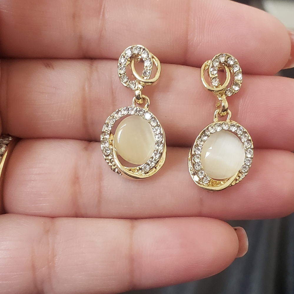Goldtone Rhinestone Round Dangle Earrings - Picture 6 of 6